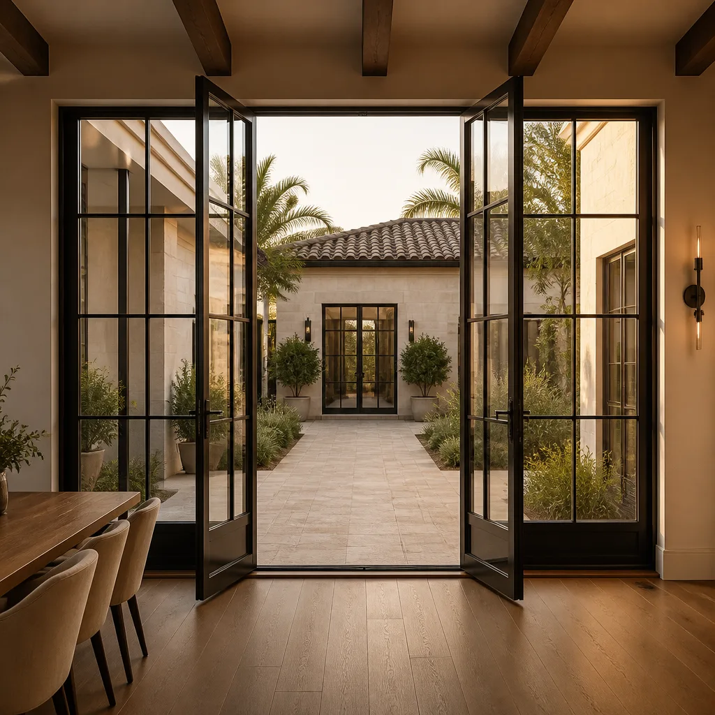 Open black metal French doors leading to a courtyard patio