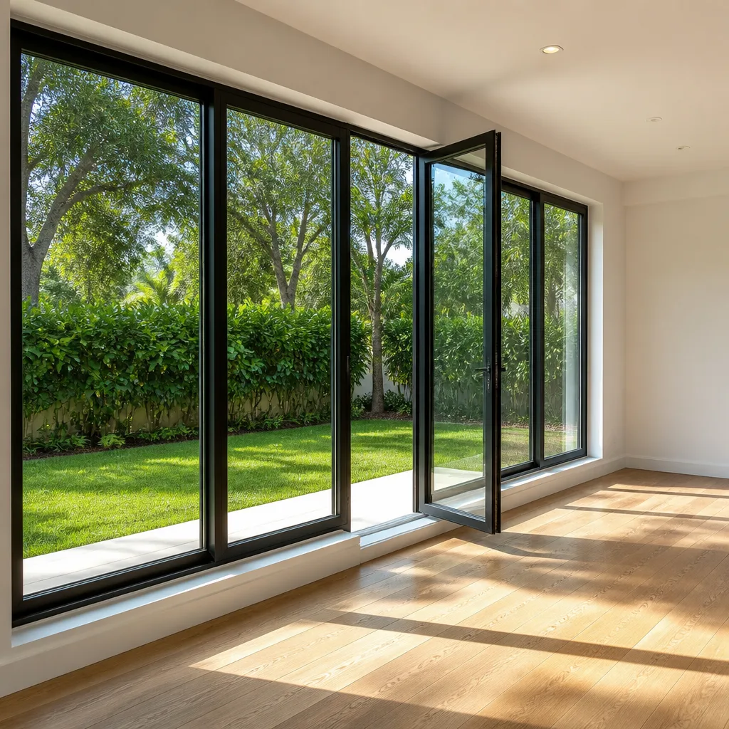 Modern black-framed windows and open glass doors overlooking a backyard lawn