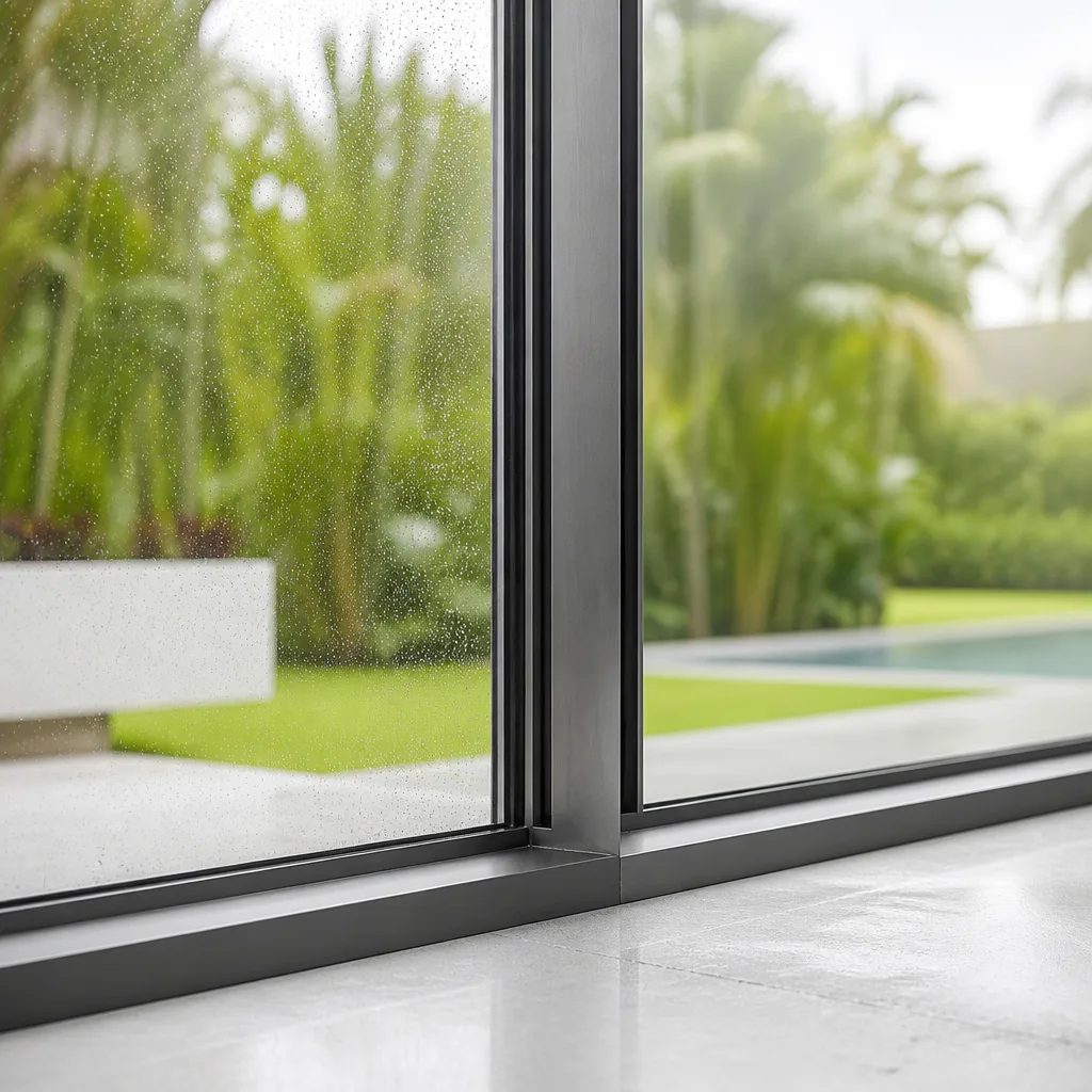 Modern floor-to-ceiling window installation overlooking a tropical backyard garden