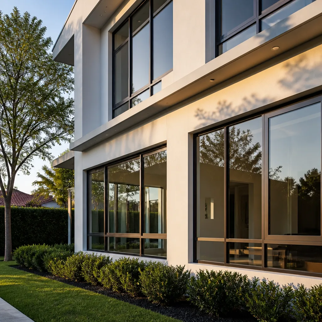 Modern luxury home exterior featuring high-quality glass window installations